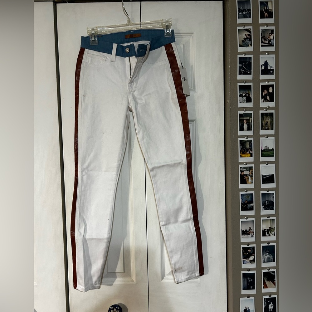 7 For All Mankind Women’s WHITE SKINNY ANKLE JEAN BRN LEATHER STRIPE $255 MSRP